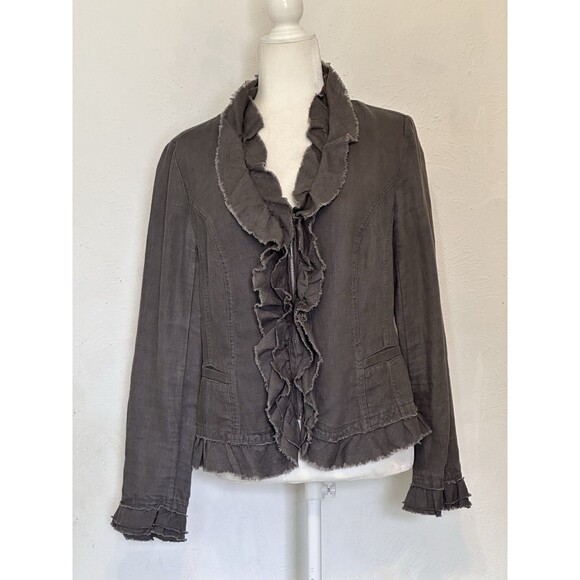 INC INTERNATIONAL CONCEPTS Size M Gray Linen Fringe Ruffle Zip Jacket Boho - Picture 1 of 11